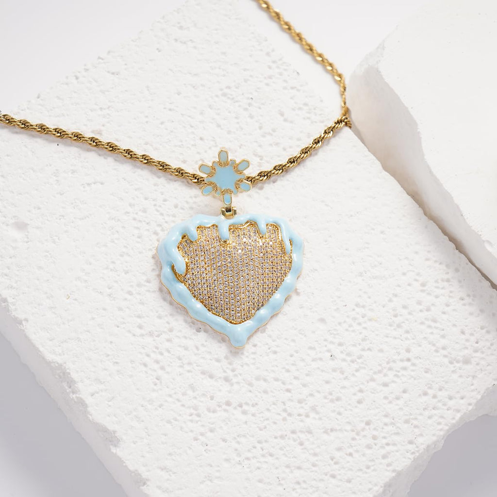 Iced Out Snow Frozen Heart Pendant Necklace for Men & Women, 14K Gold Plated Micro Pave CZ Stone Jewelry, Hip Hop Pendant