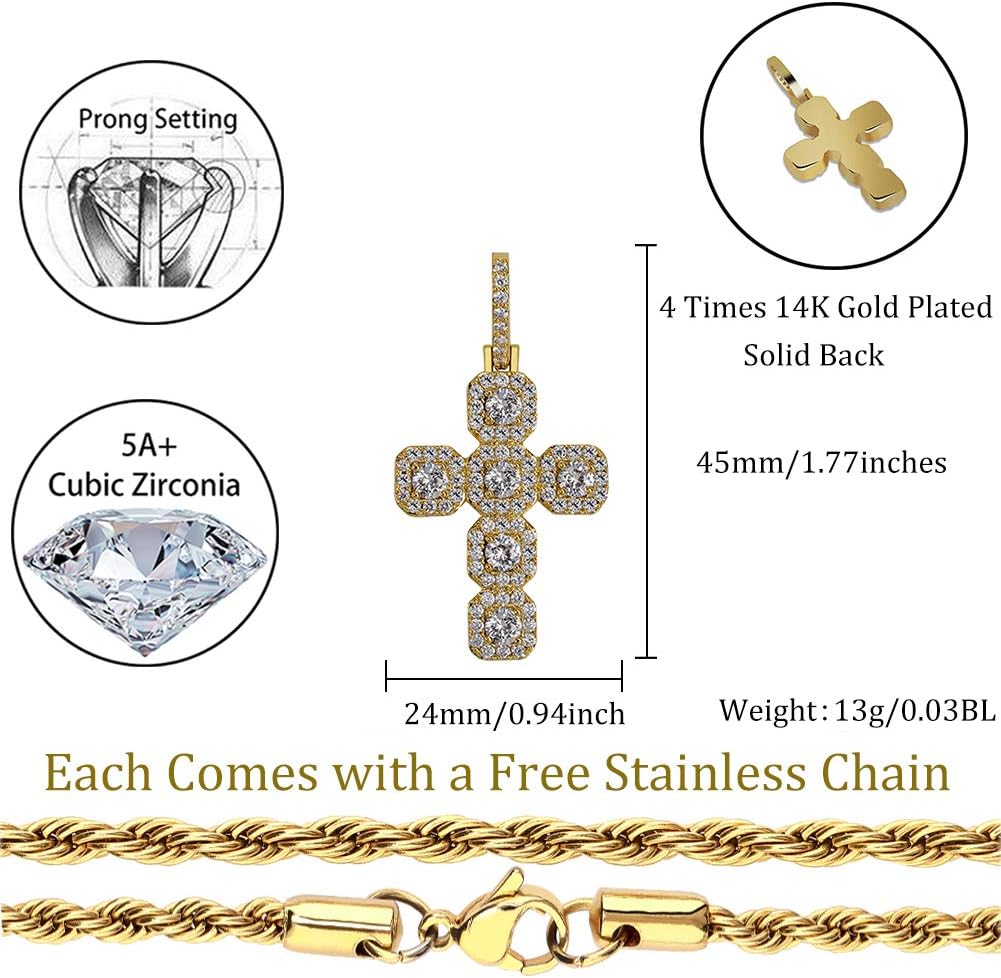 YOSZO Solid Tennis Cross Pendant 14K Gold Plated Iced Out Necklace Pendant Chain for Men and Women Fashion Gift