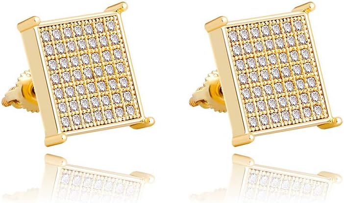 YOSZO 925 Sterling Silver Square Screw Stud Earrings 14K Gold 5A+ Cubic Zirconia Iced Out Square Screw Back Hypoallergenic Cube Large Stud Earrings For Men Women