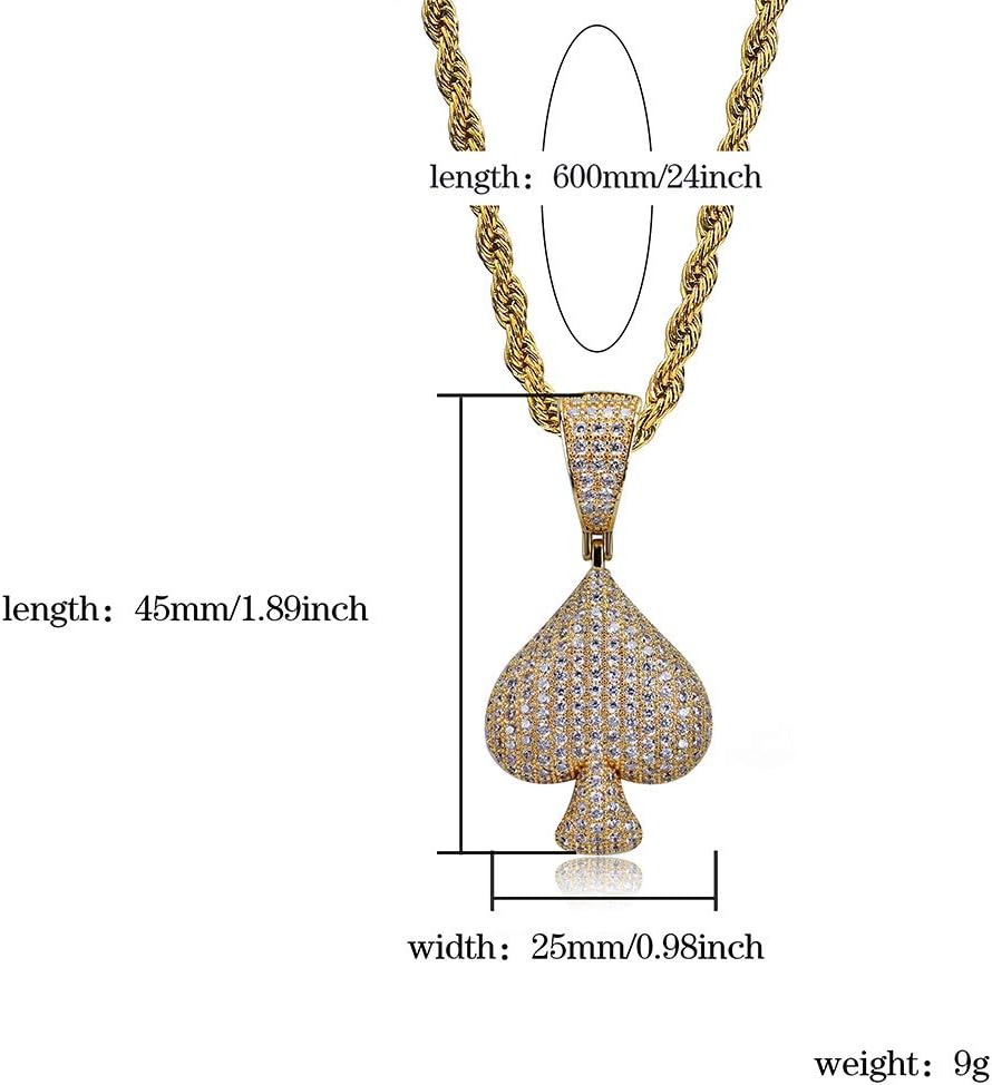 YOSZO Iced Out Club Diamond Heart Spade Playing Cards Simulated Lab diamonds Pendant Necklace
