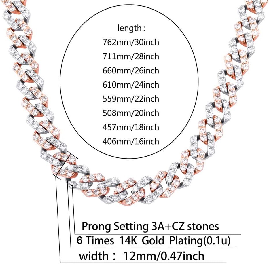 YOSZO 12mm 6 Times 14K Gold Plated Miami Cuban Link Chain Iced out Prong Setting Bling CZ Rapper Choker Chain Necklace for Women (Rose Gold&White Gold, 22)