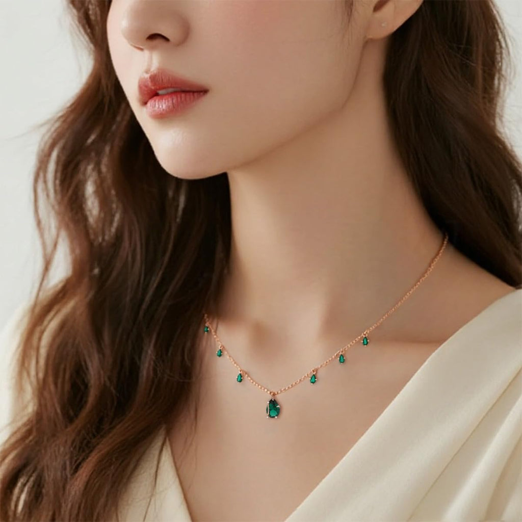 Dainty Necklace for Women, Rose Gold Plated S925 Sterling Silver Chain with Green Gemstone Teardrop Pendant, Adjustable Minimalist Birthstone Gift for Her