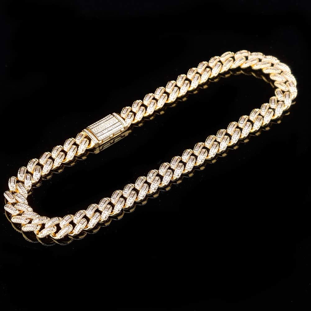 YOSZO Hip Hop 14MM Cuban Link Chain 6 Times 14k Gold Plated Iced Out Bling Round Carre Baguette Cut CZ with Prong Setting Simulated Diamond Chain Necklace for Men