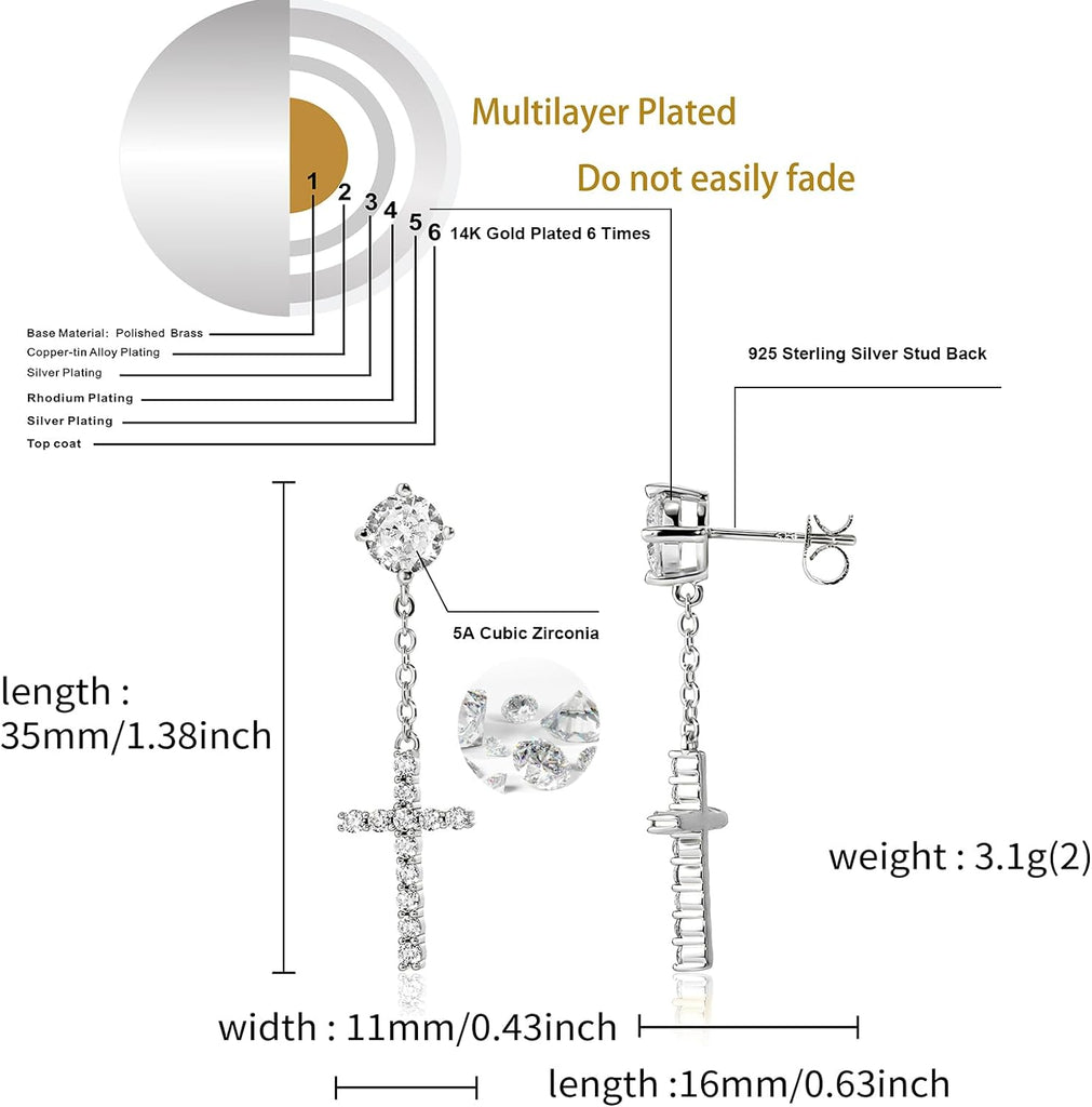 YOSZO Cross Hoop Dangle Earrings 14K Gold 5A+ Cubic Zirconia Cartilage Hypoallergenic Sterling Silver Cross Dangle Drop Earrings For Men Women