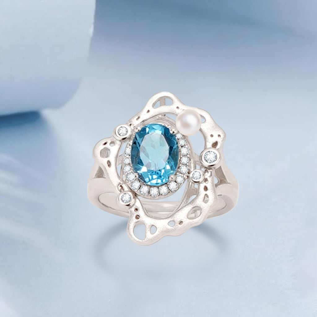 Light Blue Topaz Birthstone Adjustable Ring, December Birthstone 925 Sterling Silver Ring with Zircon Halo, Size 7 Wave Design Coastal Jewelry Gift for Women
