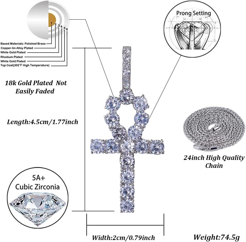 YOSZO Ankh Cross Pendant 18K Gold Plated Fully Iced Out CZ Egyptian Ankh Religious Chain Necklace for Men Women