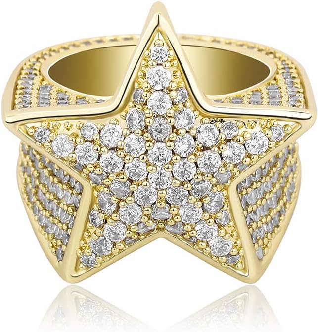 YOSZO 14K Gold Star Ring Iced Out CZ Simulated Diamond 3D Star Punky Rappers 5 Star Ring for Men Engagement Hip Hop Jewelry