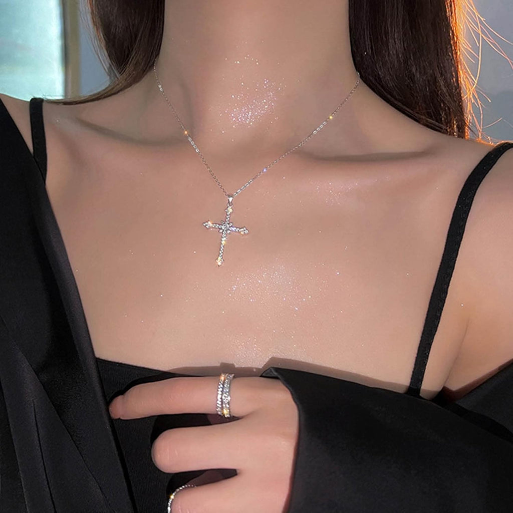 Silver Crystal Pray Cross Necklace Choker Chain CZ Stone Star Cross Pendant Necklace Crucifix Pendant Star Cross Charm Necklace Jewelry Gift for Women Girls