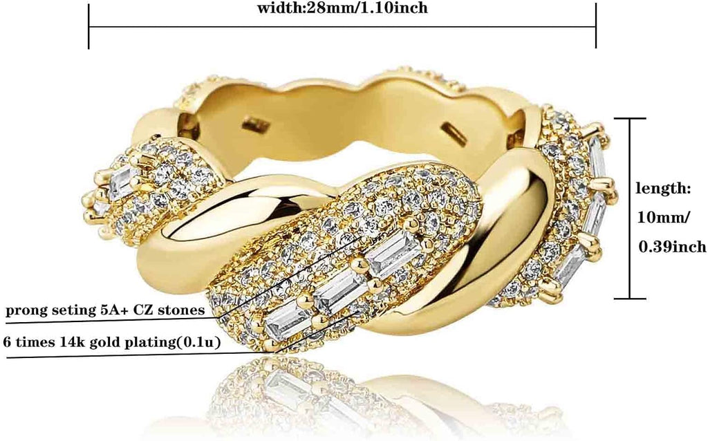 YOSZO 14k 6 Times Gold Plating Iced Out Clusters of Baguette and Round Lab Diamond 5A+ CZ Stones Big Twist Shape Hip Hop Ring Twist Vine Setting Ring Fashion Jewelry Gift for Men Women