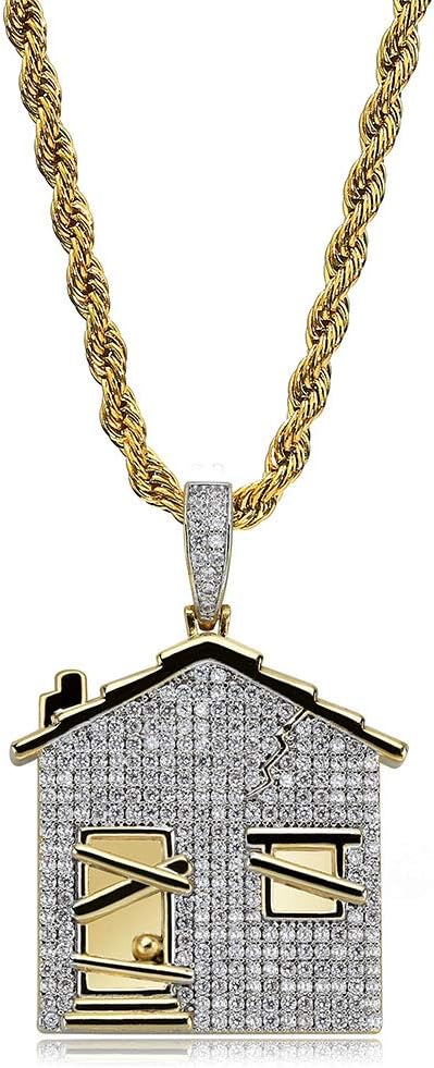 YOSZO Hip Hop Iced Out Trap House Pendant 14k Gold Plated Simulated Diamond Necklace with Rope Chain for Men