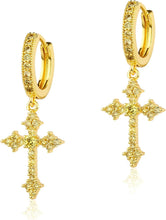 Charger l&#39;image dans la galerie, YOSZO Cross Hoop Dangle Earrings 14K Black Silver 5A+ Cubic Zirconia Cartilage Hypoallergenic Sterling Silver Cross Dangle Drop Earrings For Men Women-Yellow Gold