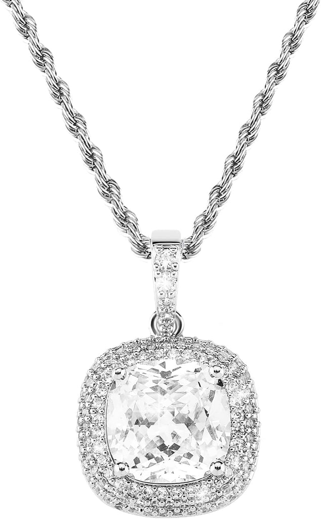 YOSZO Square Halo Cushion Shape Cubic Zirconia Cluster Iced Out Pendant 14K Gold Plated Necklace with Solitaire Princess Cut Lab Diamond Rope Chain For Women Men