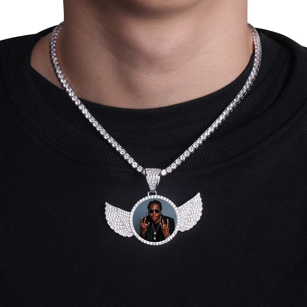 YOSZO Picture Necklace Personalized Photo Pendant for Men Women Iced Out Angel Wings Heart Custom Necklace with Tennis Chain