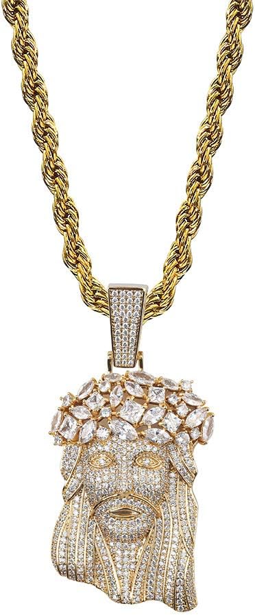 YOSZO Jesus Pendant Necklace Rope Gold Chain for Men Iced out 14K Gold Plated Simulated Diamond Chain Stainless Steel Chain 24 inch