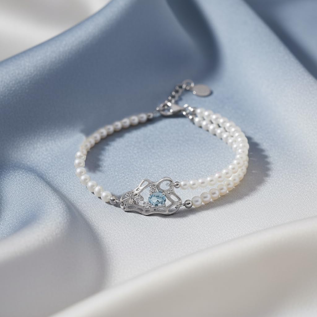 Blue Topaz Birthstone Bracelet for Women, December Birthstone 925 Sterling Silver Wave Pendant, Adjustable Bead Bracelet Ocean Inspired Jewelry Gift