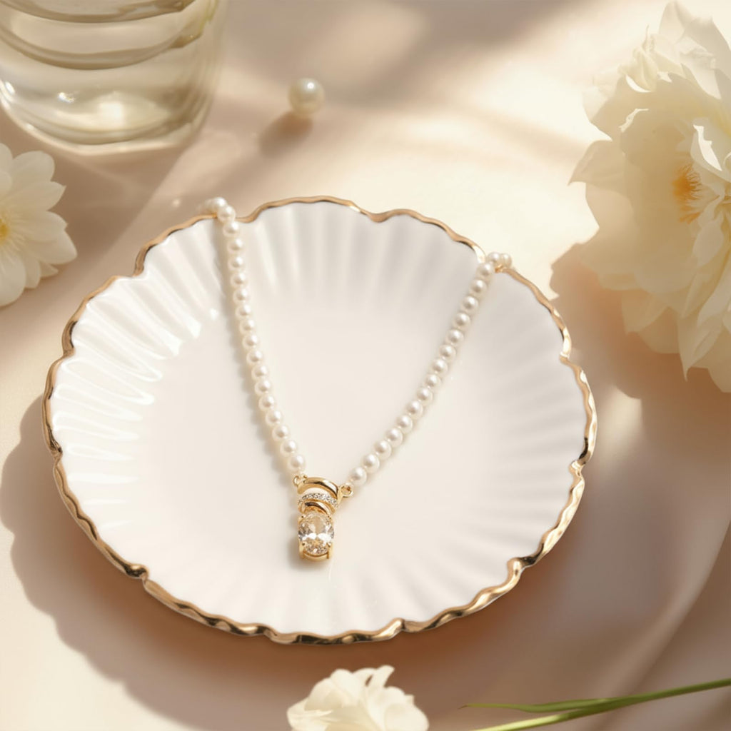 Pearl & Zirconia Necklace for Women, 14K Gold Plated 925 Sterling Silver, Adjustable Chain with Crystal Pendant,  Lightweight Elegant Jewelry for Daily Wear