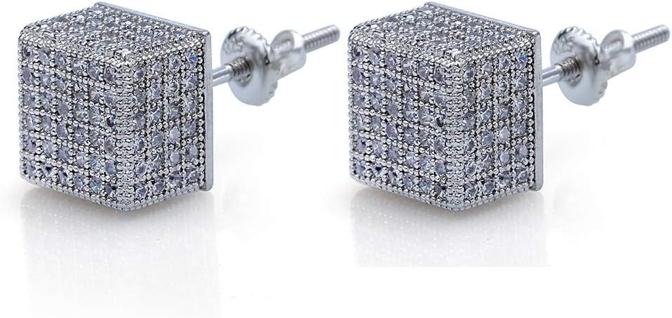 YOSZO 925 Sterling Silver Square Screw Stud Earrings 14K Gold 5A+ Cubic Zirconia Iced Out Square Screw Back Hypoallergenic Cube Large Stud Earrings For Men Women