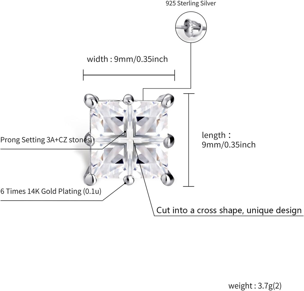 YOSZO Square Screw Stud Earrings For Men 5A+ Cubic Zirconia 925 Sterling Silver Screw Stud Back Square Flat Cartilage Hypoallergenic Stud Earrings