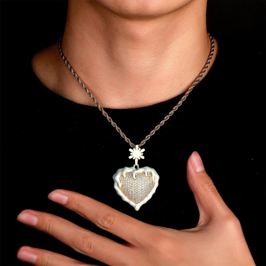 Iced Out Snow Frozen Heart Pendant Necklace for Men & Women, 14K Gold Plated Micro Pave CZ Stone Jewelry, Hip Hop Pendant