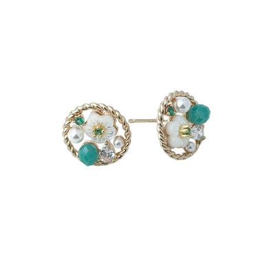 【Stud Earrings】Retro Floral Earrings with Green Natural Stone & Pearl, Elegant Vintage Style for Fashion Lovers