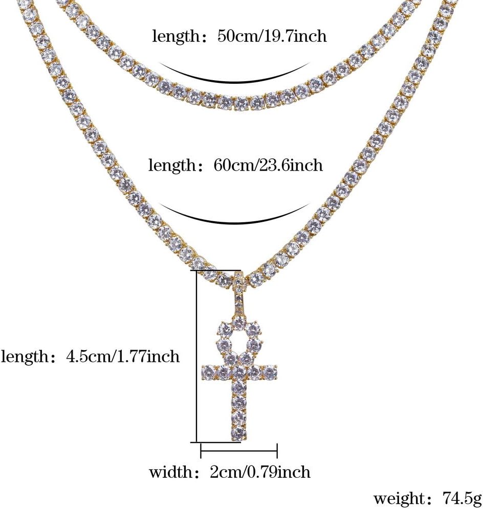 YOSZO 18K Gold Plated Iced Out Cubic Zirconia Classic Ankh Nail Mini Cross Egyptian Pendant Necklace Hip Hop Jewelry for Men Women with Stainless Rope Chain