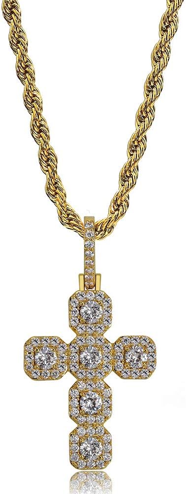 YOSZO Solid Tennis Cross Pendant 14K Gold Plated Iced Out Necklace Pendant Chain for Men and Women Fashion Gift