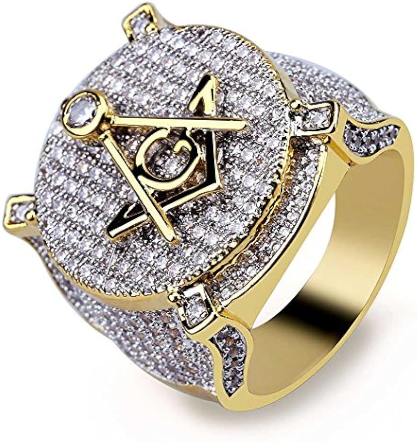 YOSZO Freemason Rings for Men Gold Masonic Ring Iced out Hip Hop 14K Gold Plated Punk Diamond Ring Rapper Costume