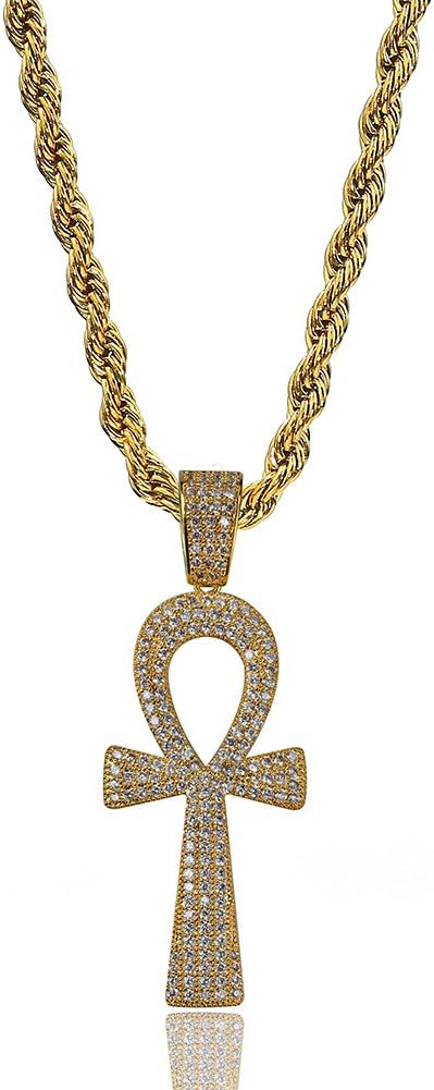 YOSZO Ankh Cross Necklace for Women Gold Cross Necklace for Men Rope Pendant Necklace Iced out 14K Gold Plated 24 Stainless Steel Chain Birthday Gift