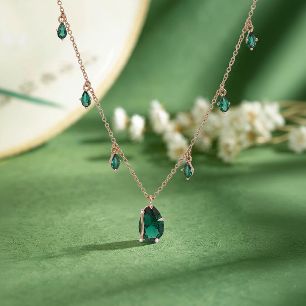 Dainty Necklace for Women, Rose Gold Plated S925 Sterling Silver Chain with Green Gemstone Teardrop Pendant, Adjustable Minimalist Birthstone Gift for Her