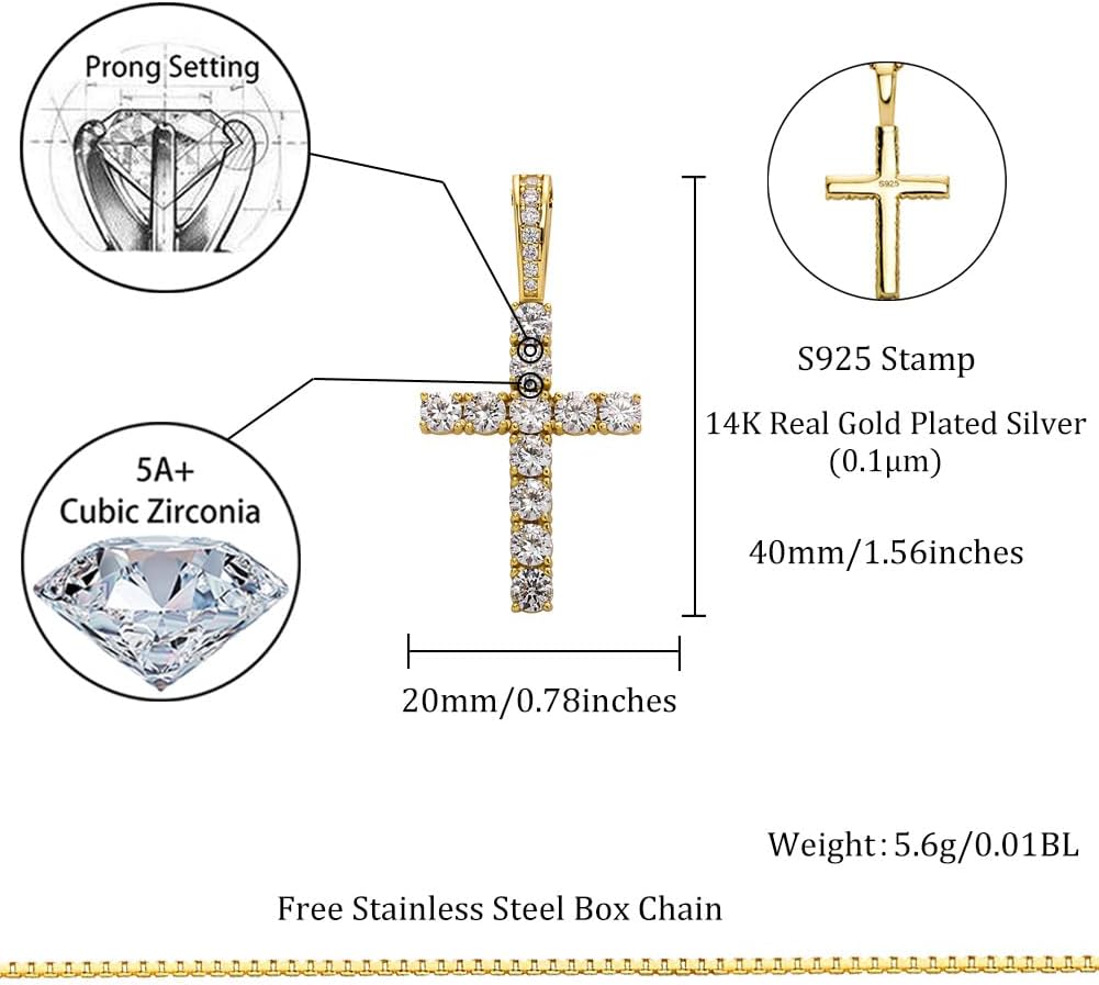 YOSZO Cross Necklace for Women Sterling Silver Necklace Gold Cross Necklace Iced out Cubic Zirconia Cross Chain for Men Cross Pendant with 20” Stainless Box Chain