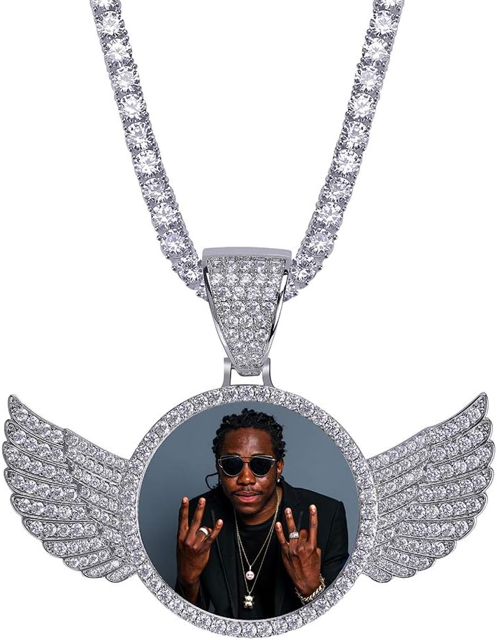 YOSZO Picture Necklace Personalized Photo Pendant for Men Women Iced Out Angel Wings Heart Custom Necklace with Tennis Chain