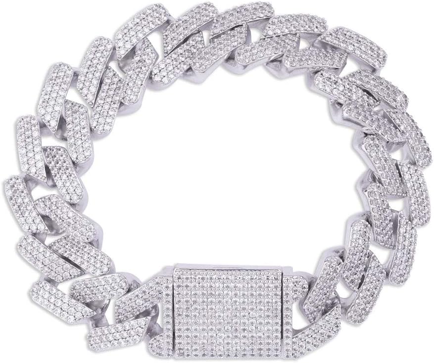 YOSZO 20mm 6 Times 14K Gold Plated Full Iced Out Prong Setting Cubic Zirconia Box Clasp Miami Cuban Link Bracelet for Men Hip Hop