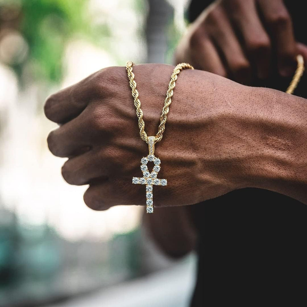 YOSZO Ankh Cross Pendant 18K Gold Plated Fully Iced Out CZ Egyptian Ankh Religious Chain Necklace for Men Women