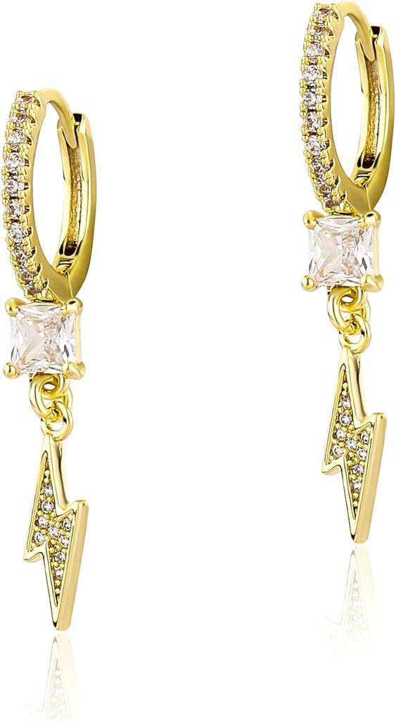 YOSZO Lightning Bolt Dangle Earrings 14K Gold 5A+ Cubic Zirconia Hanging Hoop Lightning Drop Cool Dangling Earrings For Men Women Trendy