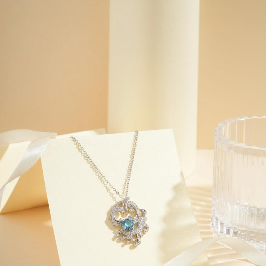 Light Blue Topaz Birthstone Necklace for Women, 925 Sterling Silver Wave Pendant with Cubic Zirconia, Adjustable 38+4cm Coastal Jewelry Gift, December Birthstone