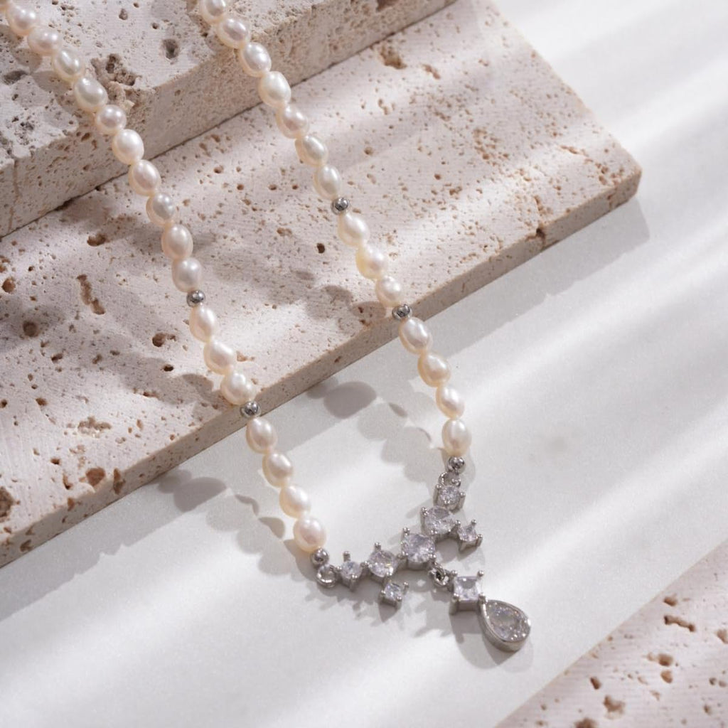 Pearl Necklace for Women, Silver Plated Brass Chain with Freshwater Pearl Beads & Geometric Zirconia Pendant, Adjustable Gift for Her