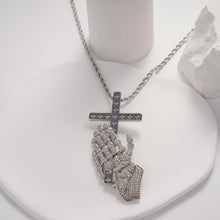 Load image into Gallery viewer, Praying Hands with Cross Pendant Necklace for Men Women, Stainless Steel Silver Plated Religious Jewelry Gift