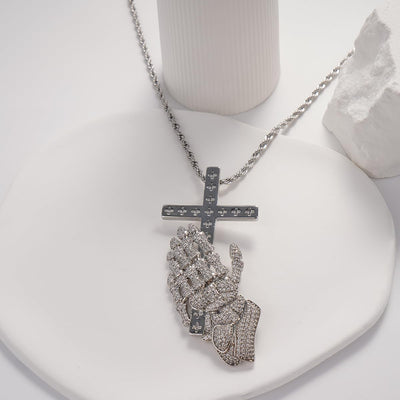 Praying Hands with Cross Pendant Necklace for Men Women, Stainless Steel Silver Plated Religious Jewelry Gift