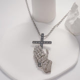 Praying Hands with Cross Pendant Necklace for Men Women, Stainless Steel Silver Plated Religious Jewelry Gift