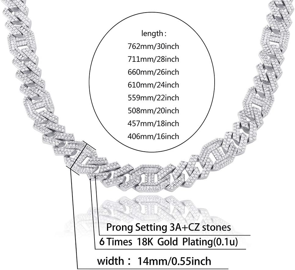 YOSZO Hip Hop 6 Times 14k Gold Plated 14mm Miami Cuban Link Chains Necklace Iced Out Paved Bling Drip Sharp Edge Cuban with Baguette CZ for Men