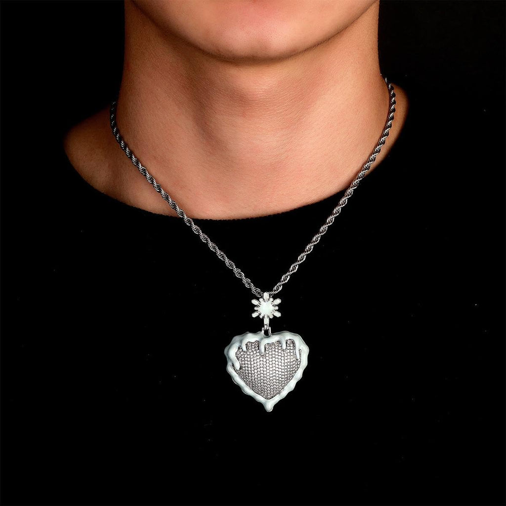 Iced Out Snow Frozen Heart Pendant Necklace for Men & Women, 14K Gold Plated Micro Pave CZ Stone Jewelry, Hip Hop Pendant