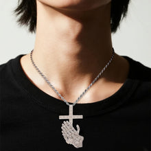 Load image into Gallery viewer, Praying Hands with Cross Pendant Necklace for Men Women, Stainless Steel Silver Plated Religious Jewelry Gift