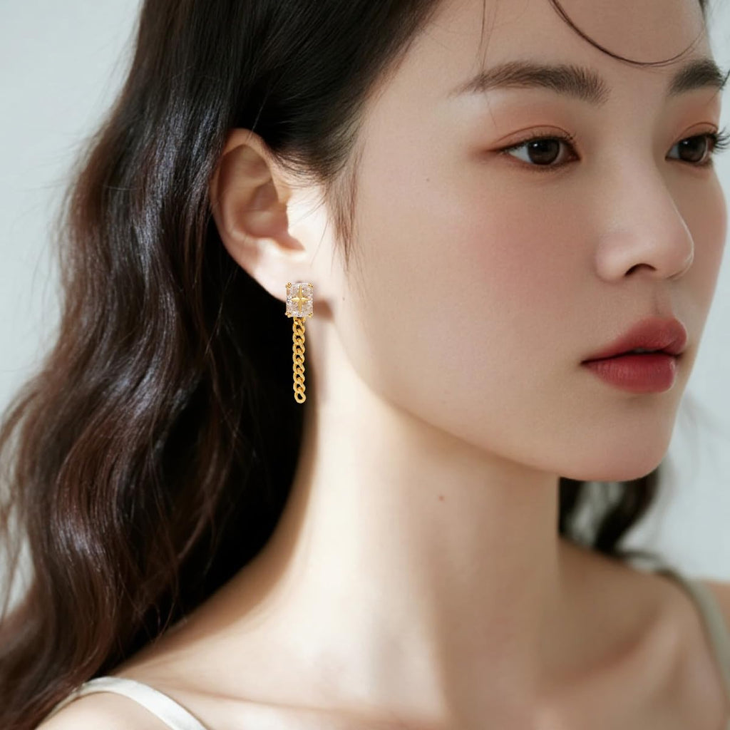Asymmetrical Stud Earrings for Women, 14K Gold Plated 925 Silver Starburst & Zircon Earrings, Modern Mismatched Pair, Unique Daily Jewelry Gift for Her