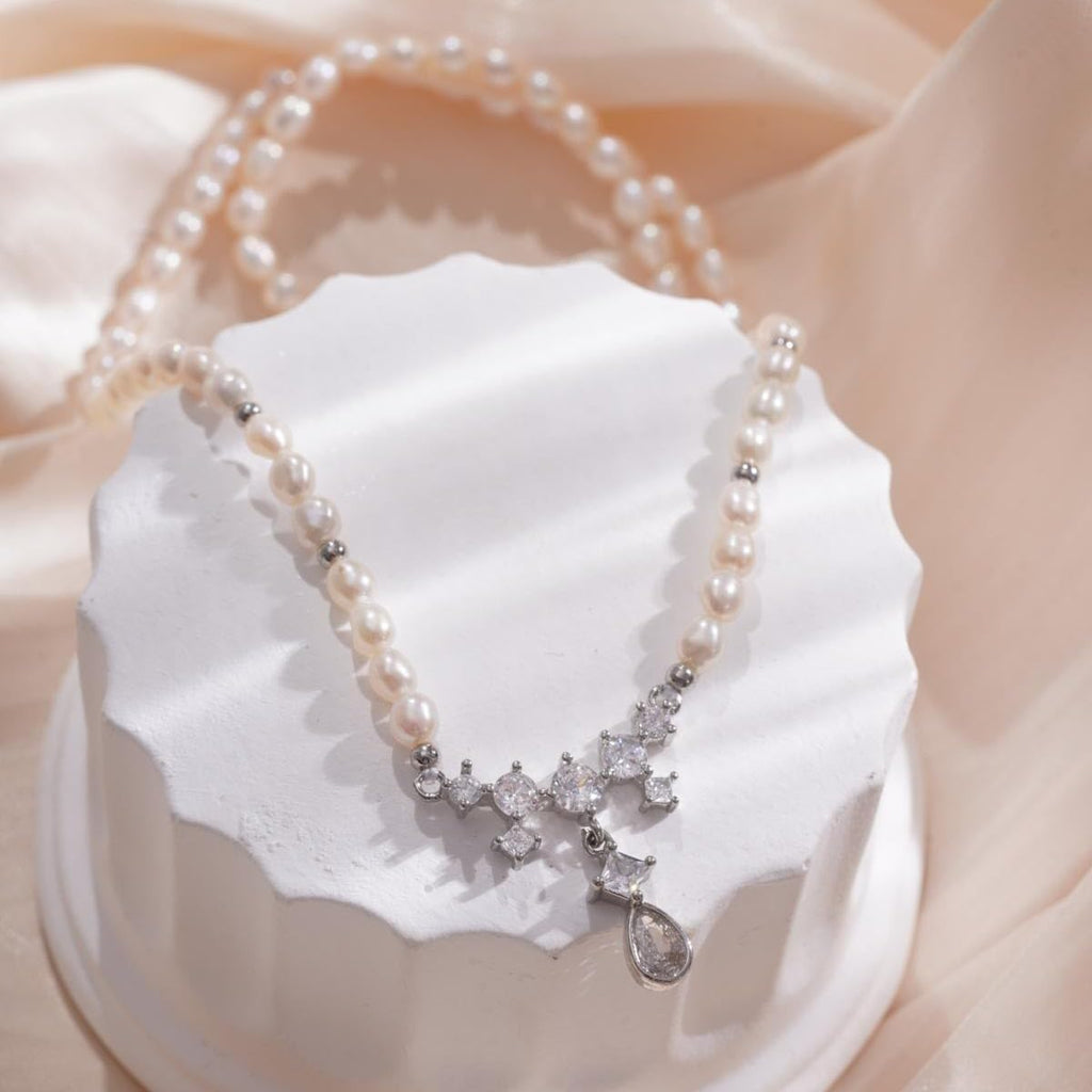 Pearl Necklace for Women, Silver Plated Brass Chain with Freshwater Pearl Beads & Geometric Zirconia Pendant, Adjustable Gift for Her