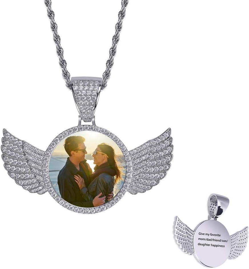 YOSZO Picture Necklace Personalized for Men 18K Gold Plated Angel Wings Heart Text Engrave Custom Photo Pendant for Women