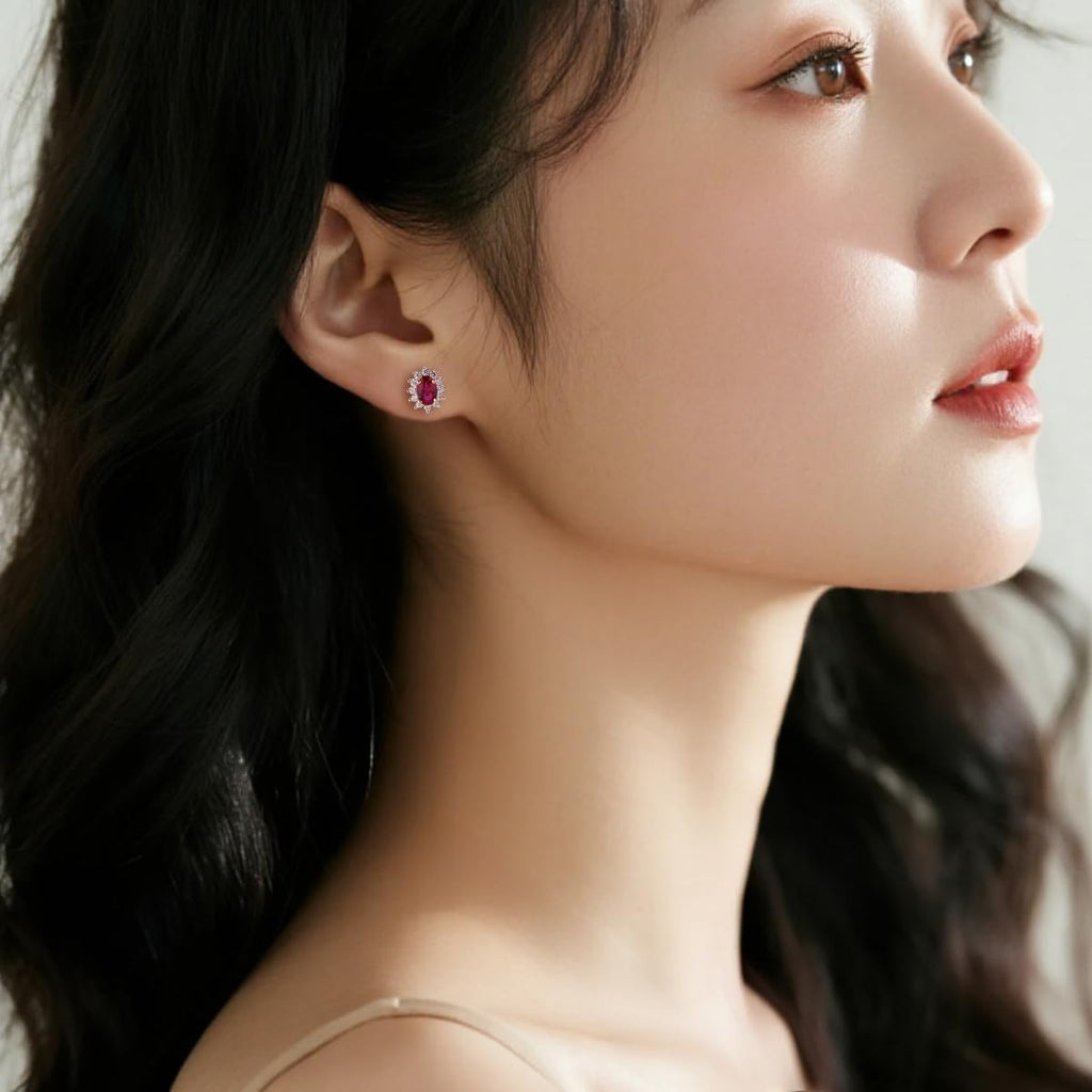 Vintage Halo Oval Stud Earrings for Women, 14K Rose Gold Plated 925 Sterling Silver with Ruby Gemstone & Zirconia, Elegant Gift for Her