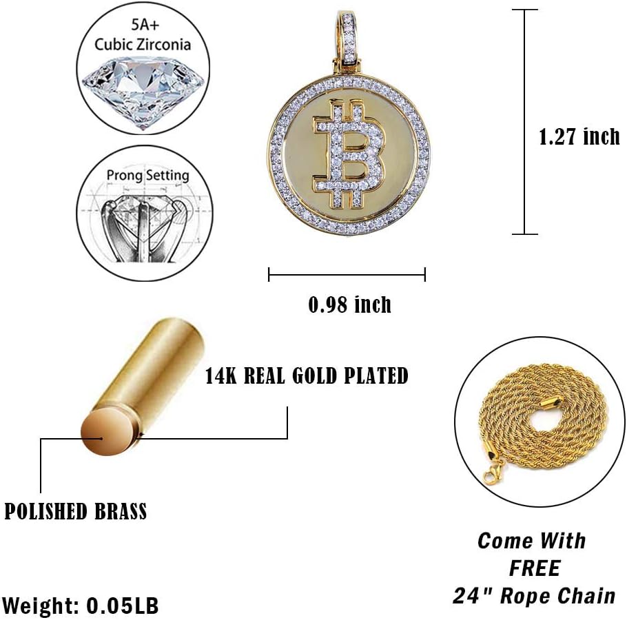 YOSZO Gold Pendant Necklace Men Rope Bitcoin Chain Iced out 14K Gold Plated Cryptocurrency Gold Necklace for Women Stainless Steel Necklace