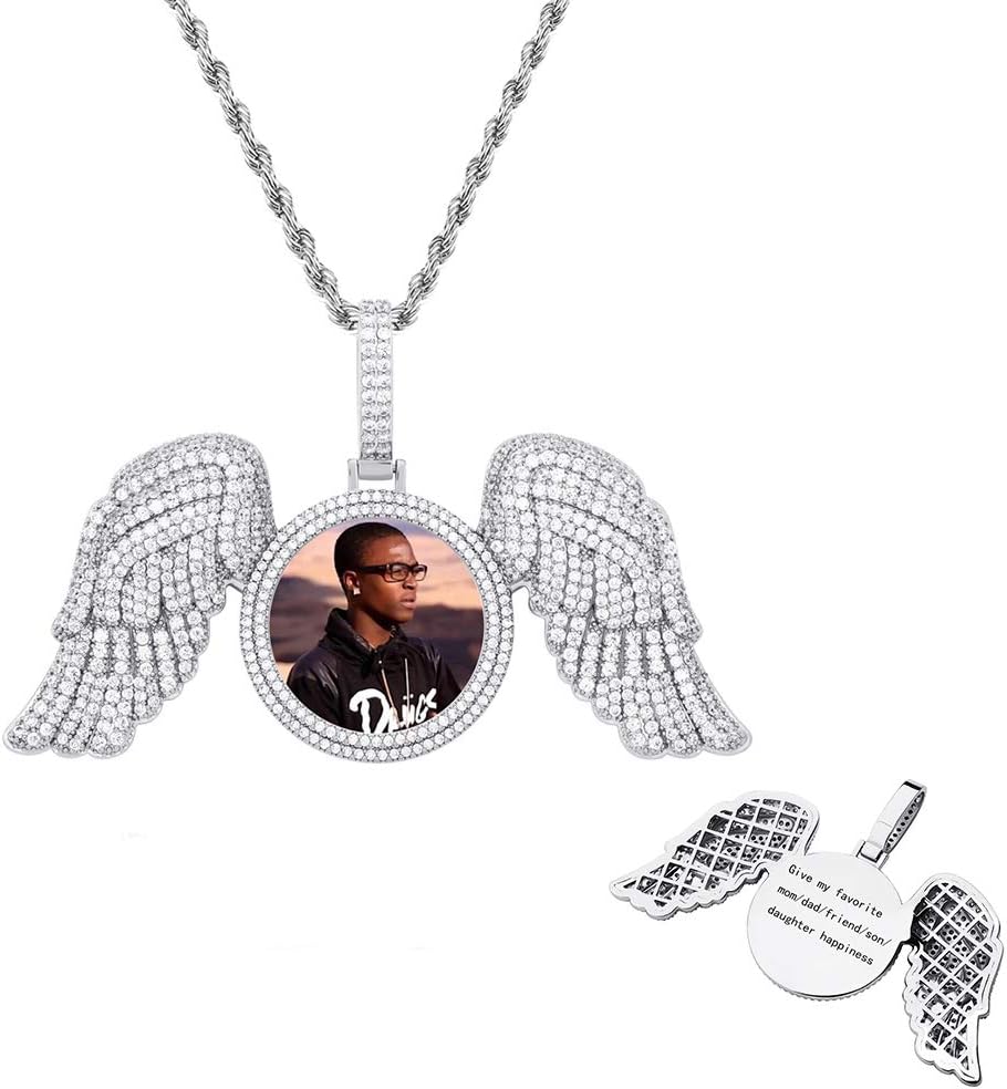 YOSZO Picture Necklace Personalized for Men 18K Gold Plated Angel Wings Heart Text Engrave Custom Photo Pendant for Women