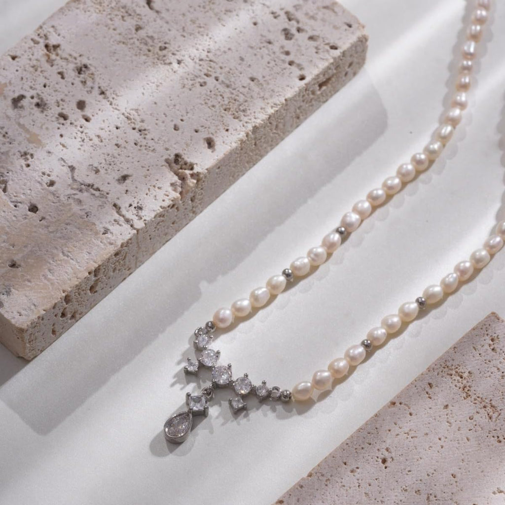 Pearl Necklace for Women, Silver Plated Brass Chain with Freshwater Pearl Beads & Geometric Zirconia Pendant, Adjustable Gift for Her