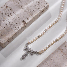 Load image into Gallery viewer, Pearl Necklace for Women, Silver Plated Brass Chain with Freshwater Pearl Beads &amp; Geometric Zirconia Pendant, Adjustable Gift for Her